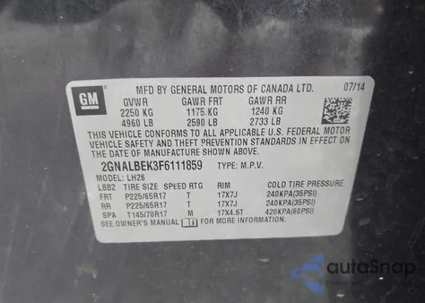 2015 Chevrolet Equinox 1Lt from USA, damaged, VIN 2GNALBEK3F6111859